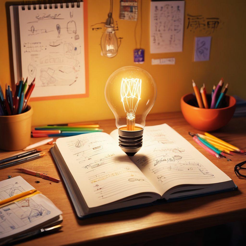 A light bulb glowing brightly above an open notebook filled with colorful sketches and notes, surrounded by flying creative elements like pencils, paint splashes, and digital icons symbolizing blogging. A backdrop of a cozy, inspiring workspace with a warm color palette, inviting atmosphere, and a coffee cup. super-realistic. vibrant colors. cozy ambiance.