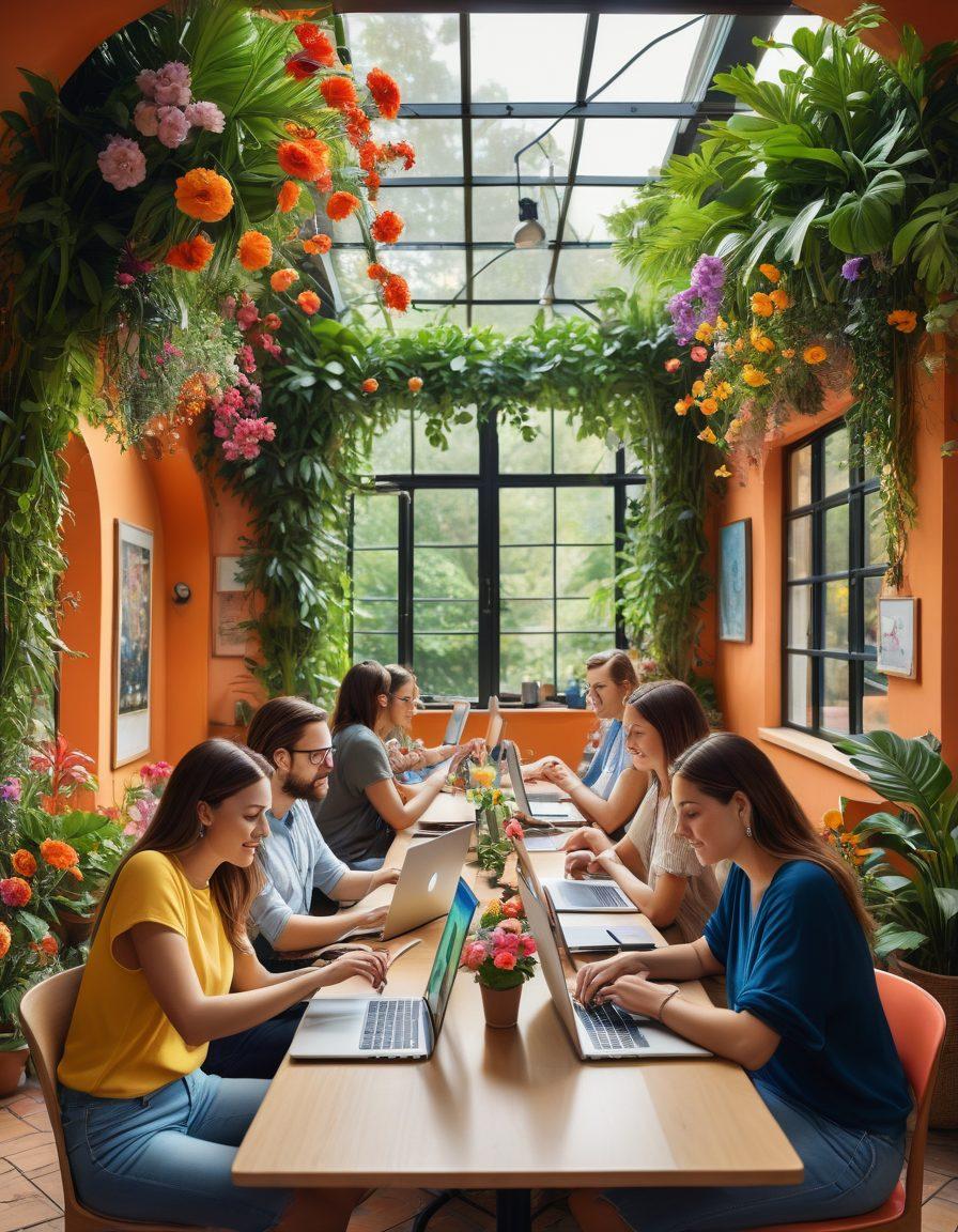 A vibrant landscape depicting a diverse group of bloggers sitting at laptops in a picturesque café, surrounded by lush greenery and colorful flowers, as they engage in discussions about building an online presence. Include elements like social media icons floating in the air and a glowing path leading to a digital world. super-realistic. vibrant colors. soft-focus background.