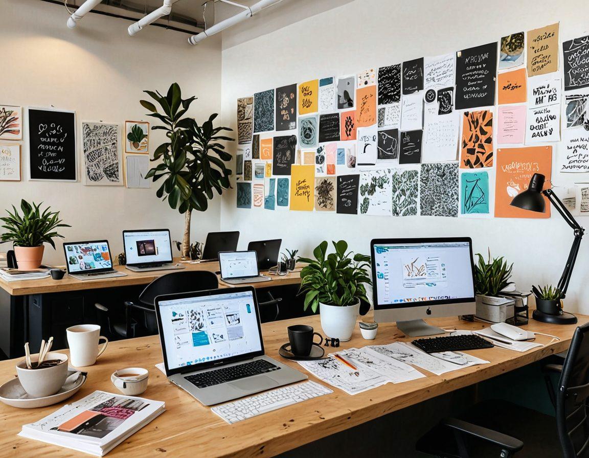 A vibrant workspace featuring a diverse group of creatives collaborating joyfully over colorful sketches and digital devices, surrounded by inspiring quotes about content creation on the walls. Include elements like mood boards, coffee cups, and laptops with engaging content on screens, showcasing the transition from idea to execution. super-realistic. vibrant colors. white background.